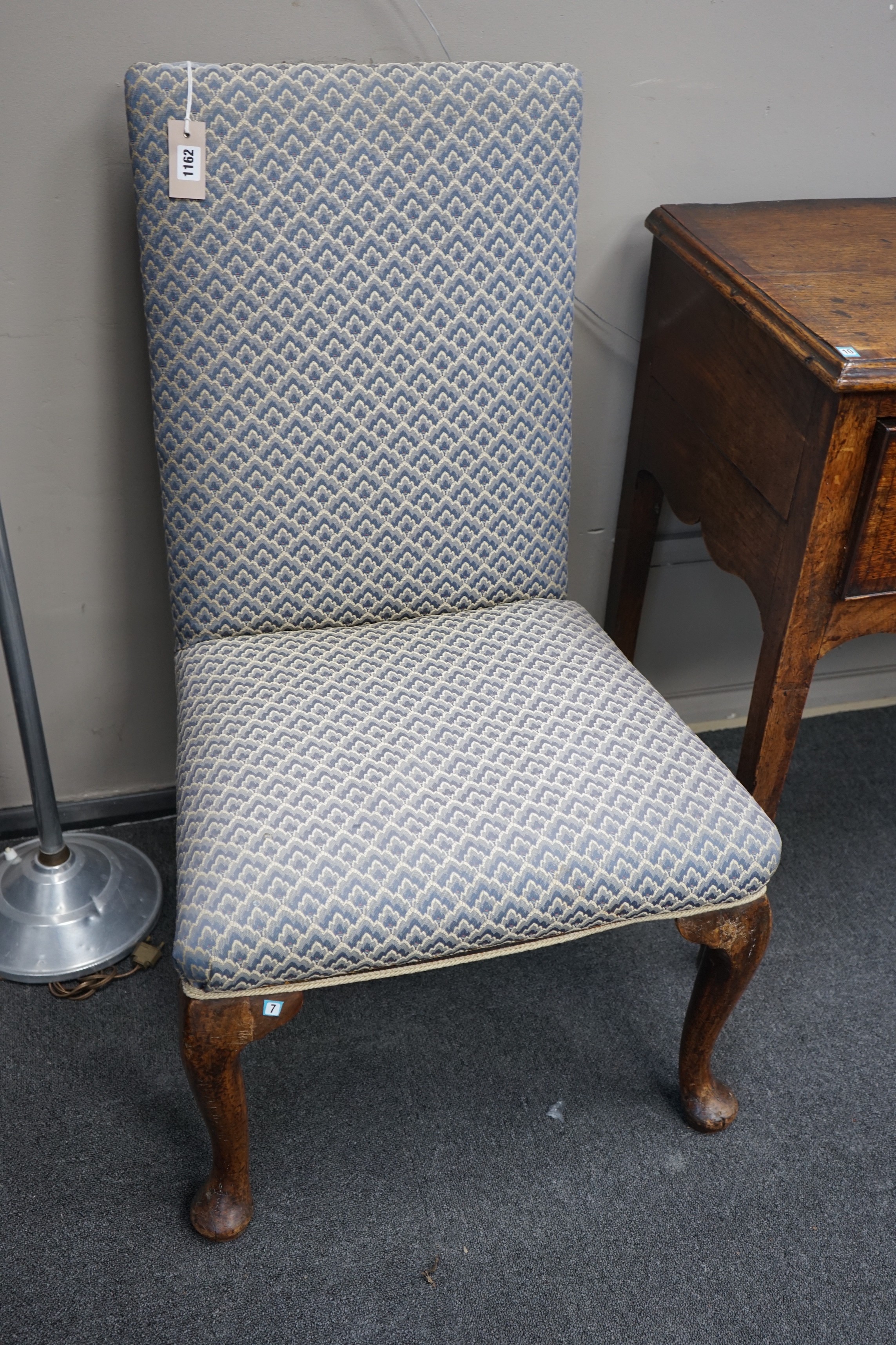 A George I walnut and upholstered dining chair on cabriole legs, height 100cm